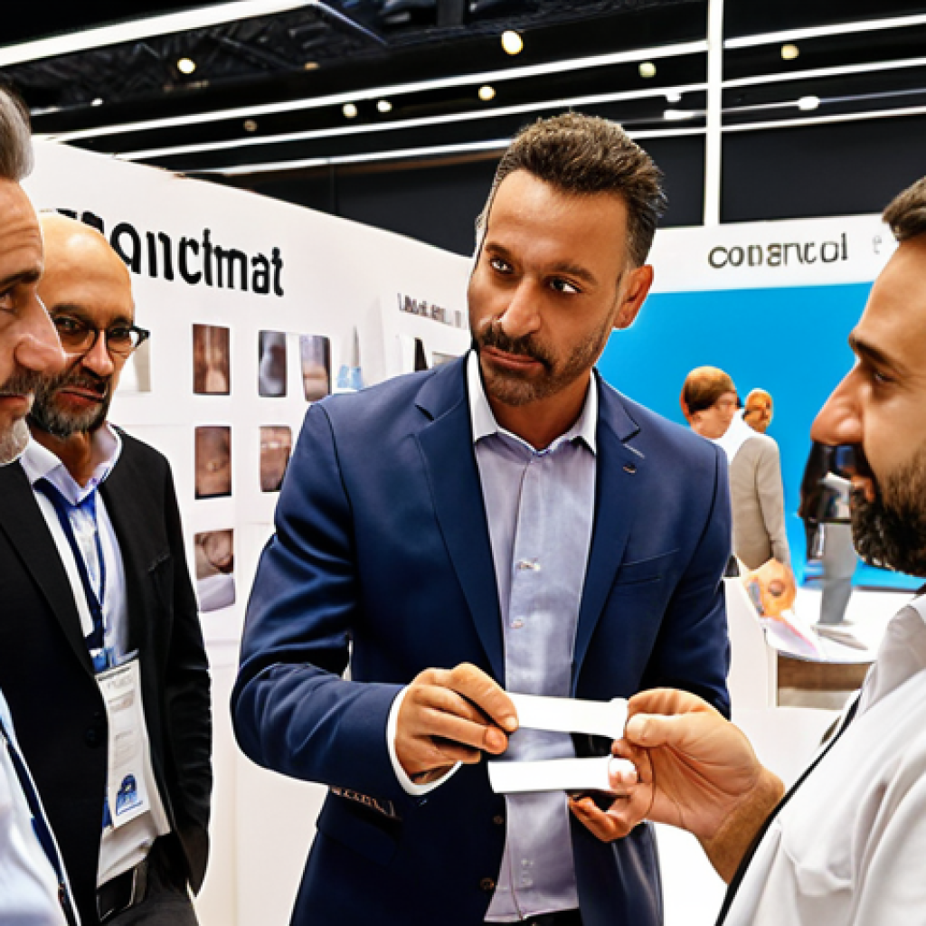 **A diverse group of construction professionals at CONSTRUMAT in Barcelona, Spain, networking and exchanging business cards. Focus on the modern architecture and innovative materials on display.**