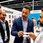 **A diverse group of construction professionals at CONSTRUMAT in Barcelona, Spain, networking and exchanging business cards. Focus on the modern architecture and innovative materials on display.**