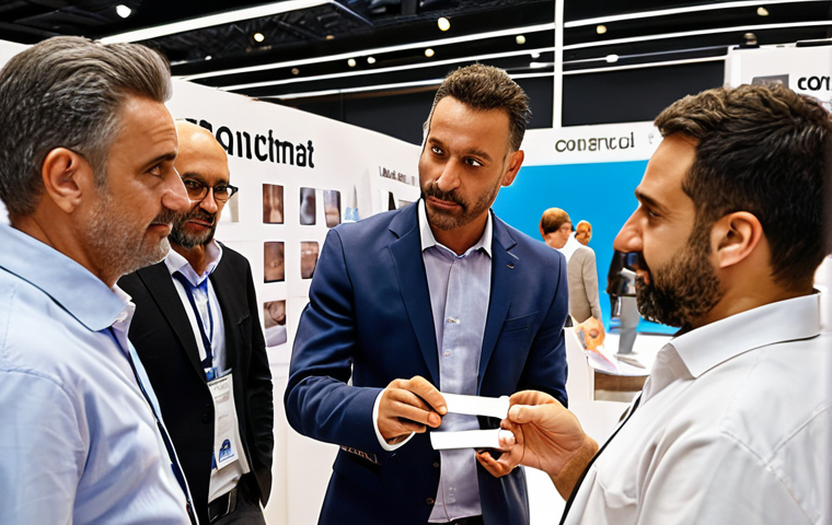 **A diverse group of construction professionals at CONSTRUMAT in Barcelona, Spain, networking and exchanging business cards. Focus on the modern architecture and innovative materials on display.**