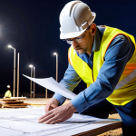 **

Technical architect intensely studying blueprints under construction site floodlights, emphasizing focus and practical application of fundamental principles.

**