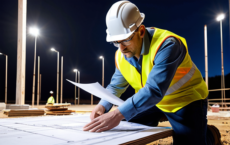 **
Technical architect intensely studying blueprints under construction site floodlights, emphasizing focus and practical application of fundamental principles.
**