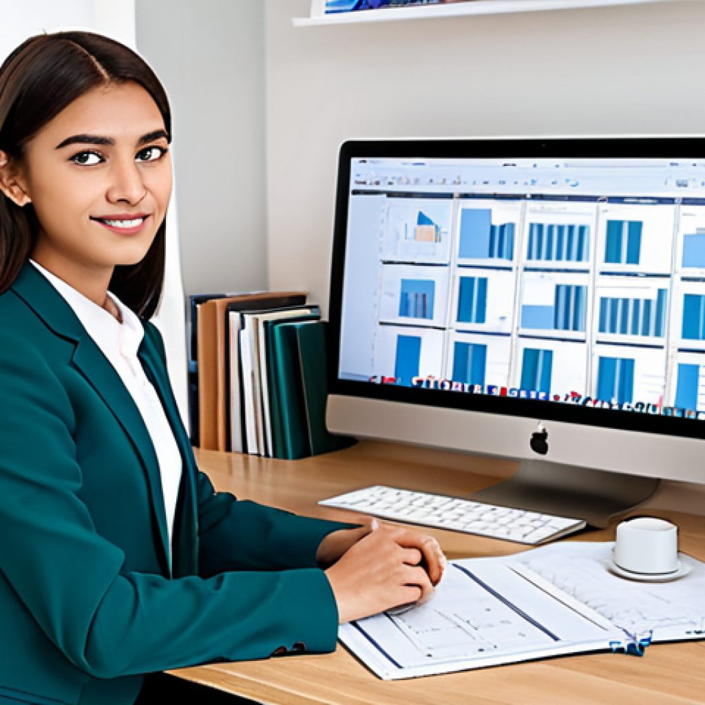 A professional female student in a modest business casual outfit, sitting at a tidy, well-lit modern study desk. The scene emphasizes time management with a visible planner and a digital clock on the laptop screen, surrounded by neatly organized books and architectural diagrams. Perfect anatomy, correct proportions, natural pose, well-formed hands, proper finger count, natural body proportions, professional photography, high detail, sharp focus, vibrant colors, safe for work, appropriate content, fully clothed, modest clothing, family-friendly.