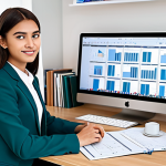 A professional female student in a modest business casual outfit, sitting at a tidy, well-lit modern study desk. The scene emphasizes time management with a visible planner and a digital clock on the laptop screen, surrounded by neatly organized books and architectural diagrams. Perfect anatomy, correct proportions, natural pose, well-formed hands, proper finger count, natural body proportions, professional photography, high detail, sharp focus, vibrant colors, safe for work, appropriate content, fully clothed, modest clothing, family-friendly.