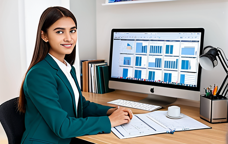 A professional female student in a modest business casual outfit, sitting at a tidy, well-lit modern study desk. The scene emphasizes time management with a visible planner and a digital clock on the laptop screen, surrounded by neatly organized books and architectural diagrams. Perfect anatomy, correct proportions, natural pose, well-formed hands, proper finger count, natural body proportions, professional photography, high detail, sharp focus, vibrant colors, safe for work, appropriate content, fully clothed, modest clothing, family-friendly.