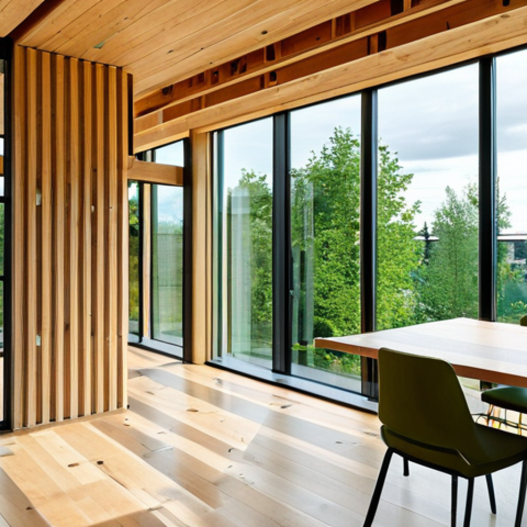 **
"Modern sustainable architecture featuring CLT (cross-laminated timber) construction and a green roof. Incorporate large windows maximizing natural light. Interior view showcasing the warm aesthetic of natural wood. Professional architectural photography, daylight, inviting atmosphere. Safe for work, appropriate content, fully clothed (if people are present), professional, modest."
**
