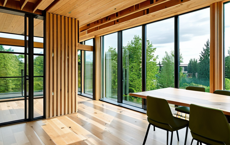 **

"Modern sustainable architecture featuring CLT (cross-laminated timber) construction and a green roof. Incorporate large windows maximizing natural light. Interior view showcasing the warm aesthetic of natural wood. Professional architectural photography, daylight, inviting atmosphere. Safe for work, appropriate content, fully clothed (if people are present), professional, modest."

**