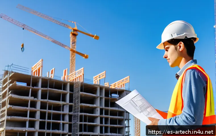 건축기술사 응시 자격 조건 - A young Spanish architecture student wearing casual clothes and safety gear including a hard hat and...
