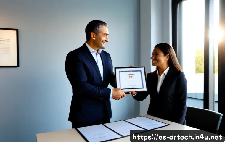 Home 17 건축기술사 자격증으로 기업 내부 승진 사례 - Photorealistic corporate promotion moment in a modern Spanish architectural engineering firm, experi...